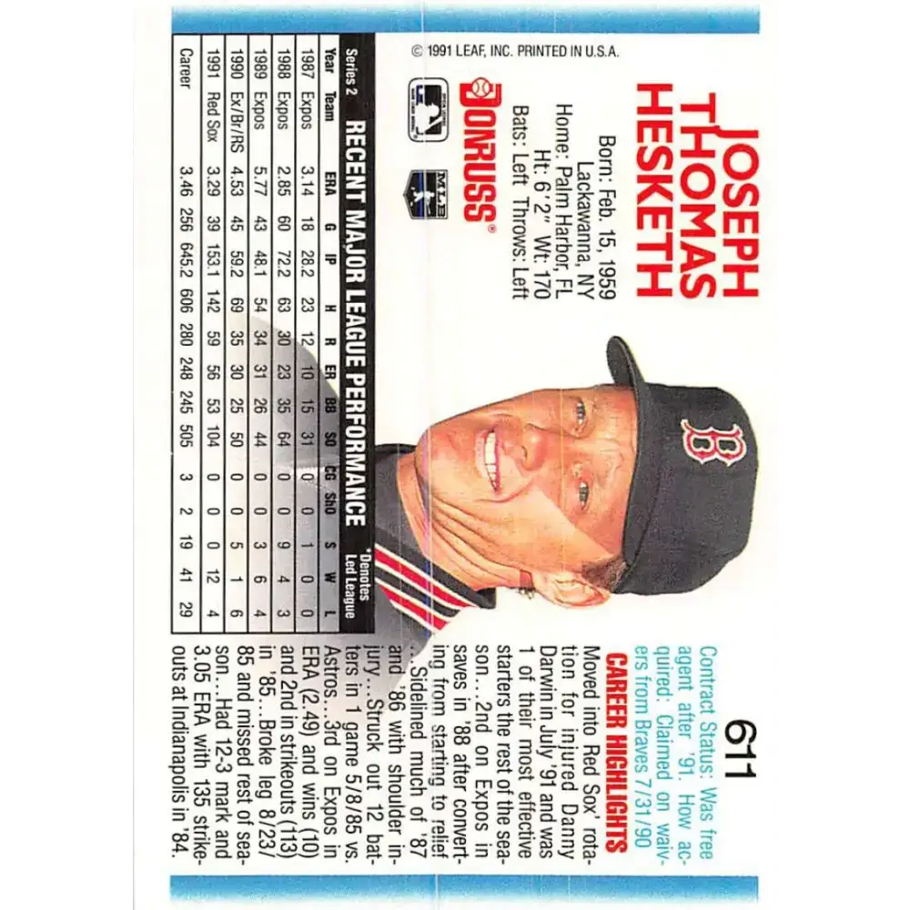 1992 Donruss #611 Joe Hesketh NM-MT Boston Red Sox Baseball Card - Baseball Card Single