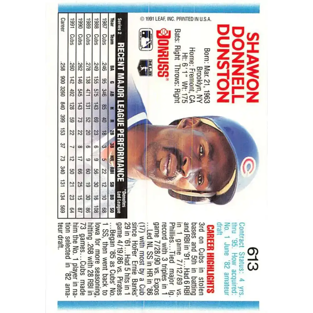 1992 Donruss #613 Shawon Dunston NM-MT Chicago Cubs Baseball Card - Baseball Card Single