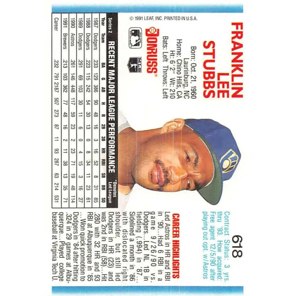 1992 Donruss #618 Franklin Stubbs NM-MT Milwaukee Brewers Baseball Card - Baseball Card Single