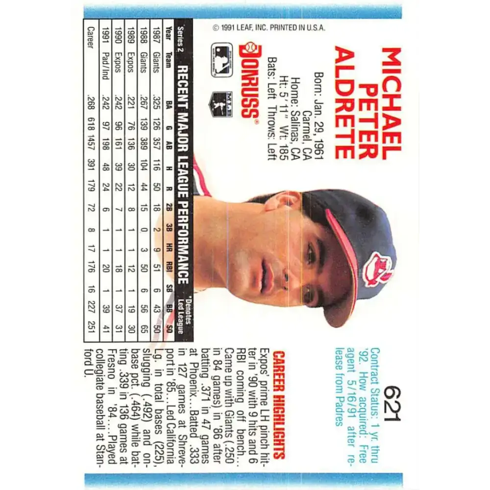 1992 Donruss #621 Mike Aldrete NM-MT Cleveland Indians Baseball Card - Baseball Card Single