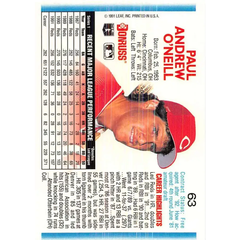 1992 Donruss #63 Paul O’Neill NM-MT Cincinnati Reds Baseball Card - Baseball Card Single