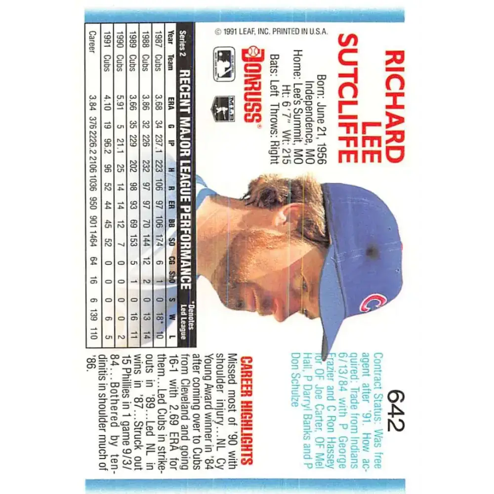 1992 Donruss #642 Rick Sutcliffe NM-MT Chicago Cubs Baseball Card - Baseball Card Single