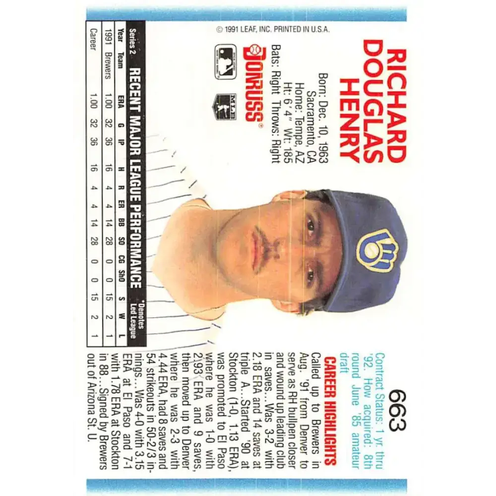 1992 Donruss #663 Doug Henry NM-MT RC Rookie Milwaukee Brewers Baseball Card - Baseball Card Single