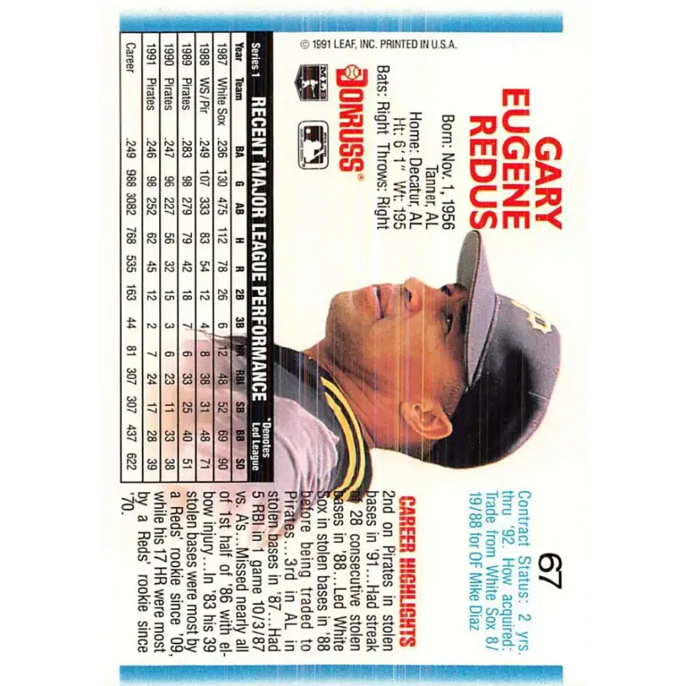 1992 Donruss #67 Gary Redus NM-MT Pittsburgh Pirates Baseball Card - Baseball Card Single
