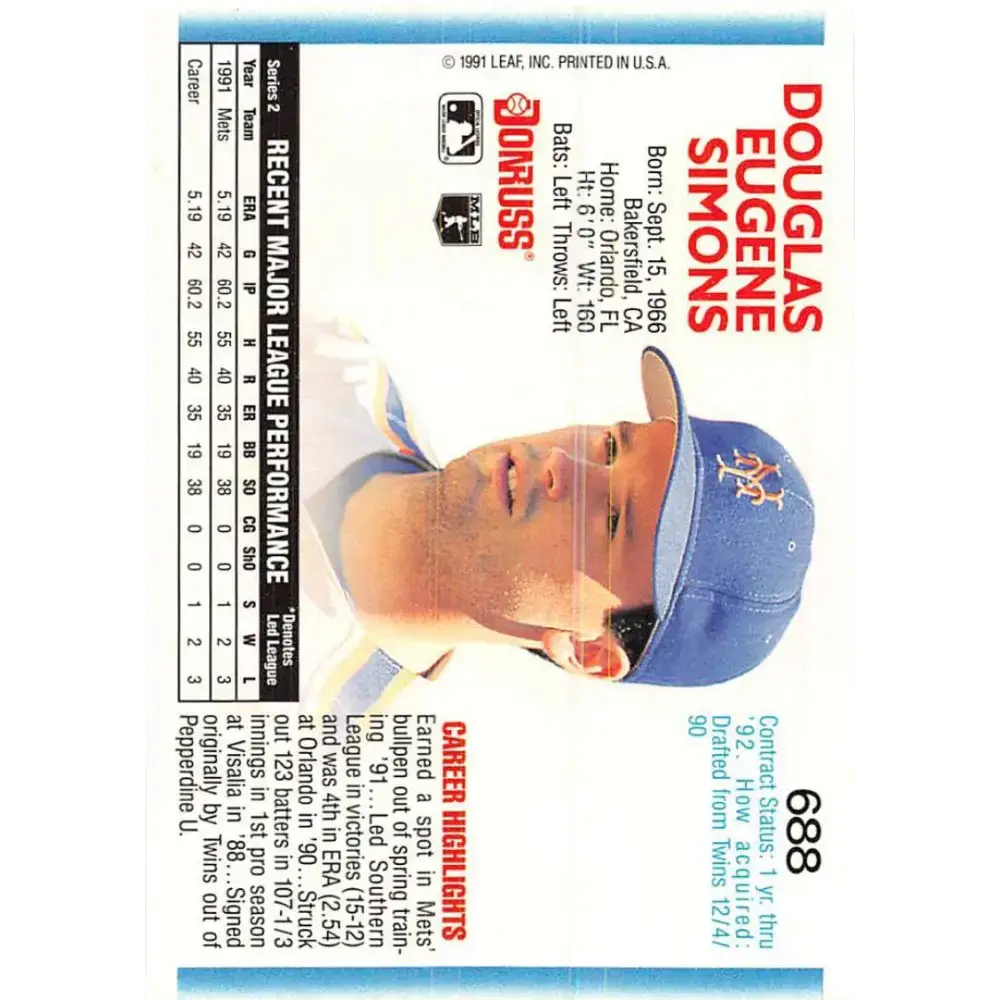 1992 Donruss #688 Doug Simons NM-MT New York Mets Baseball Card - Baseball Card Single