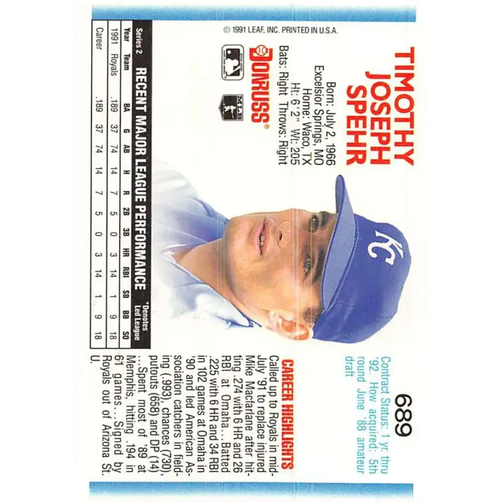 1992 Donruss #689 Tim Spehr NM-MT Kansas City Royals Baseball Card - Baseball Card Single