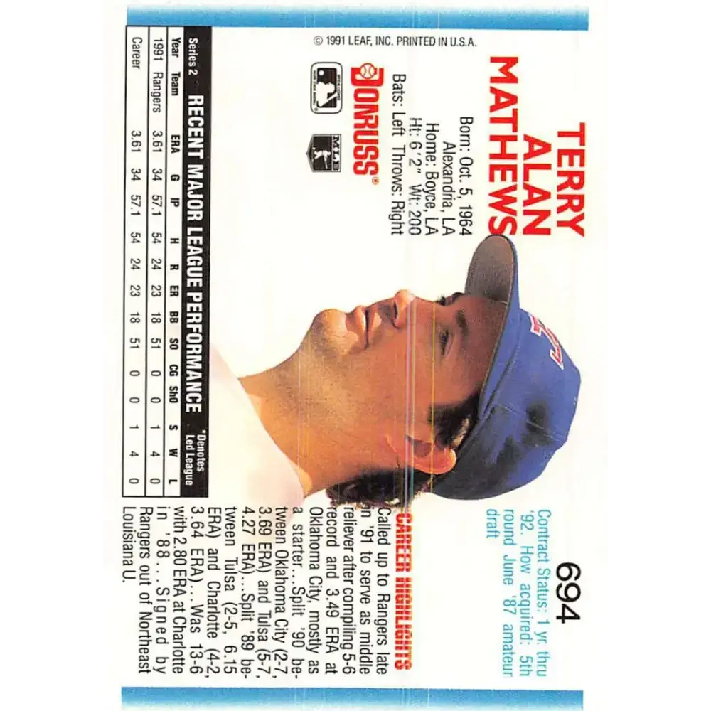 1992 Donruss #694 Terry Mathews NM-MT RC Rookie Texas Rangers Baseball Card - Baseball Card Single