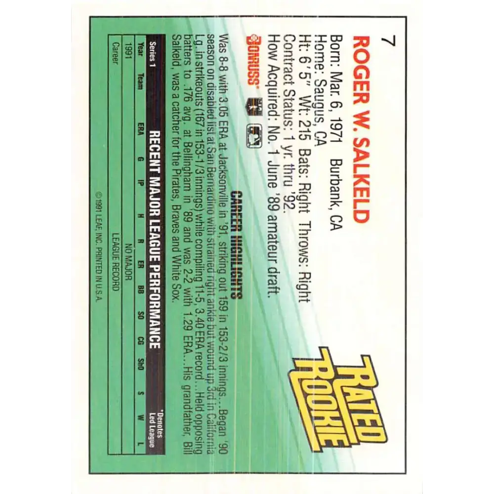 1992 Donruss #7 Roger Salkeld RR NM-MT Seattle Mariners Baseball Card - Baseball Card Single