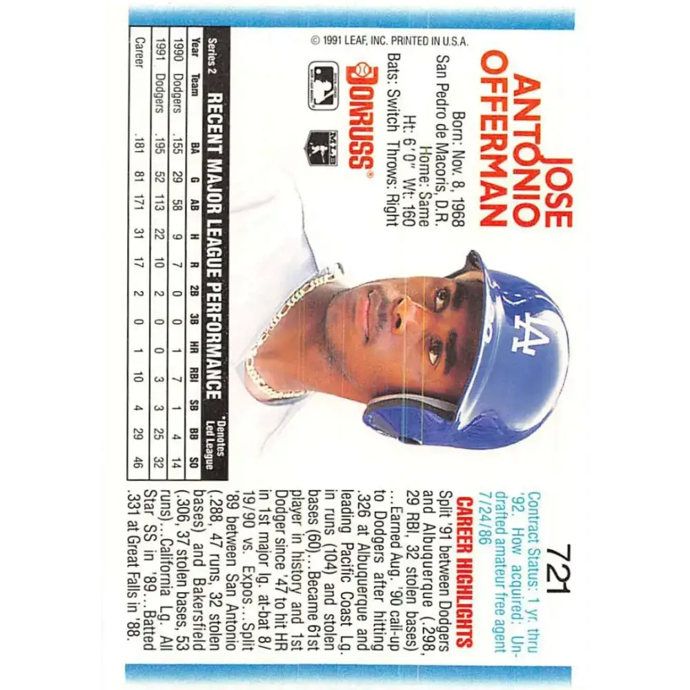 1992 Donruss #721 Jose Offerman NM-MT Los Angeles Dodgers Baseball Card - Baseball Card Single