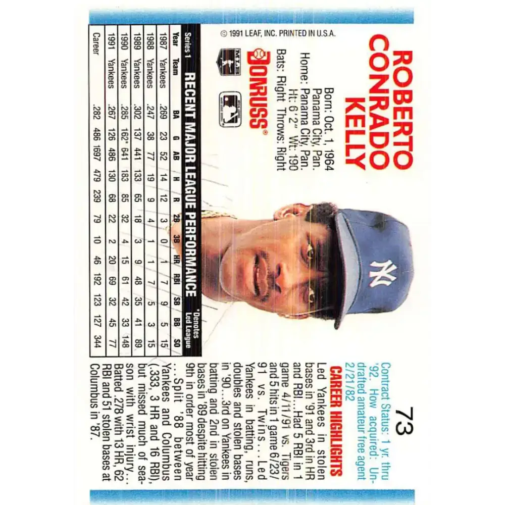 1992 Donruss #73 Roberto Kelly NM-MT New York Yankees Baseball Card - Baseball Card Single
