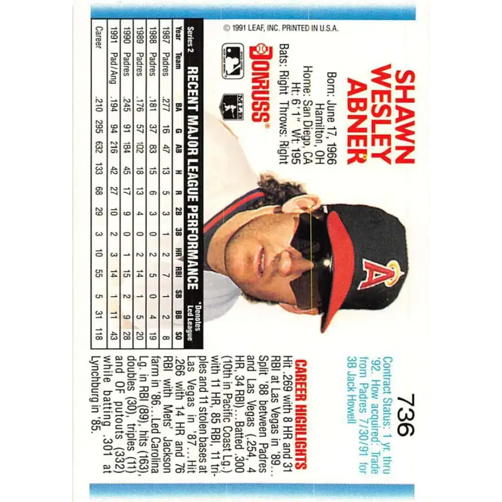 1992 Donruss #736 Shawn Abner NM-MT California Angels Baseball Card - Baseball Card Single