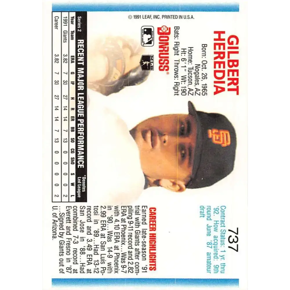 1992 Donruss #737 Gil Heredia NM-MT RC Rookie San Francisco Giants Baseball Card - Baseball Card Single
