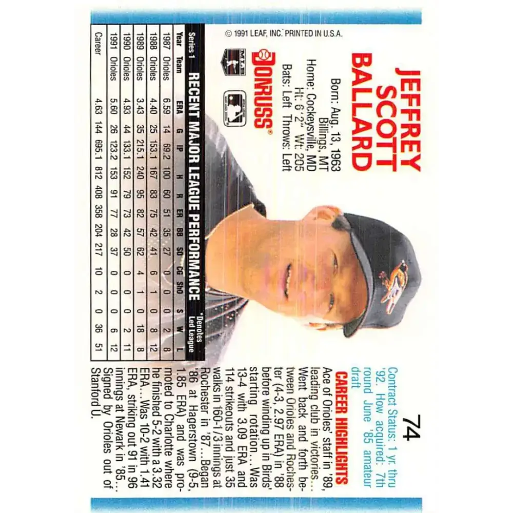 1992 Donruss #74 Jeff Ballard NM-MT Baltimore Orioles Baseball Card - Baseball Card Single
