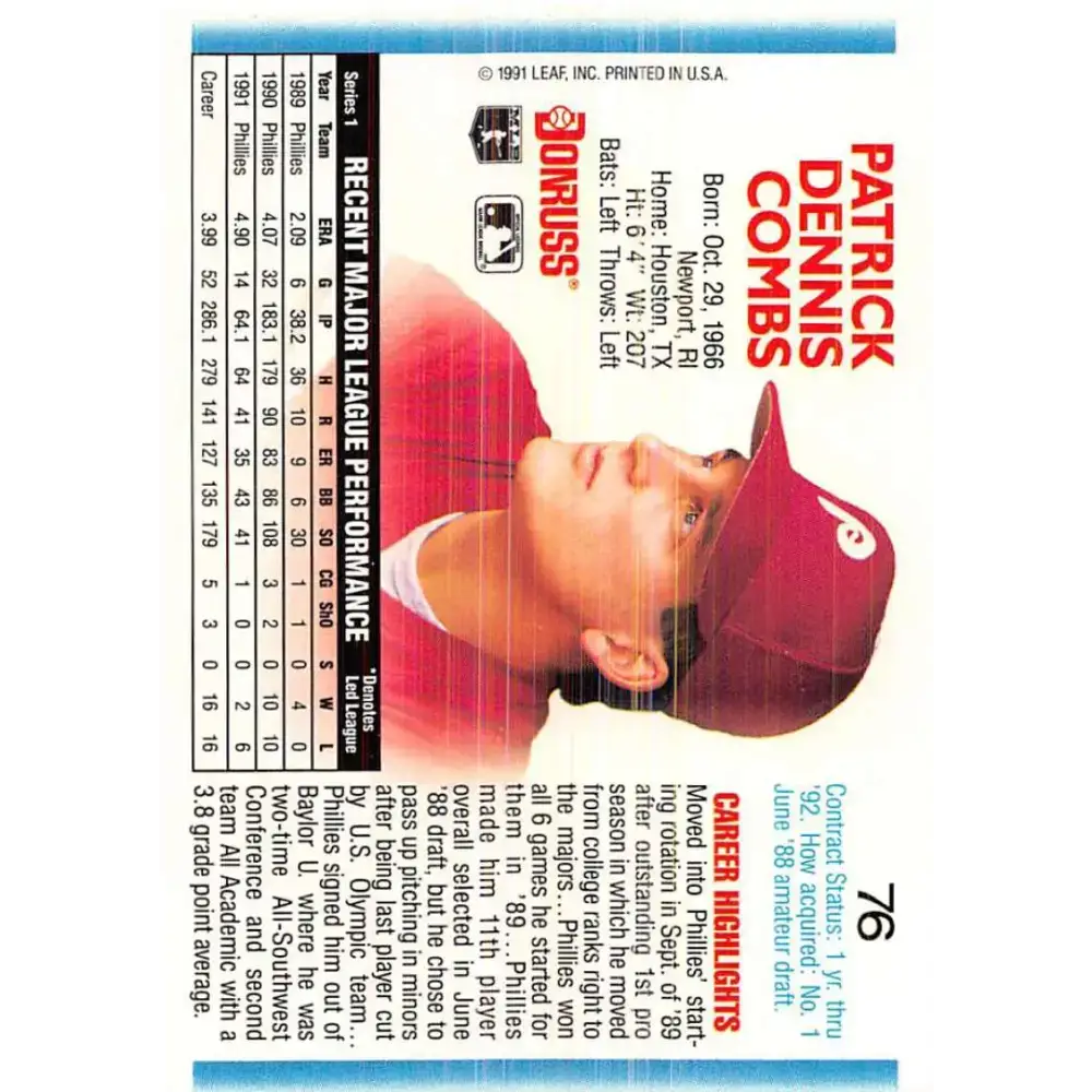 1992 Donruss #76 Pat Combs NM-MT Philadelphia Phillies Baseball Card - Baseball Card Single