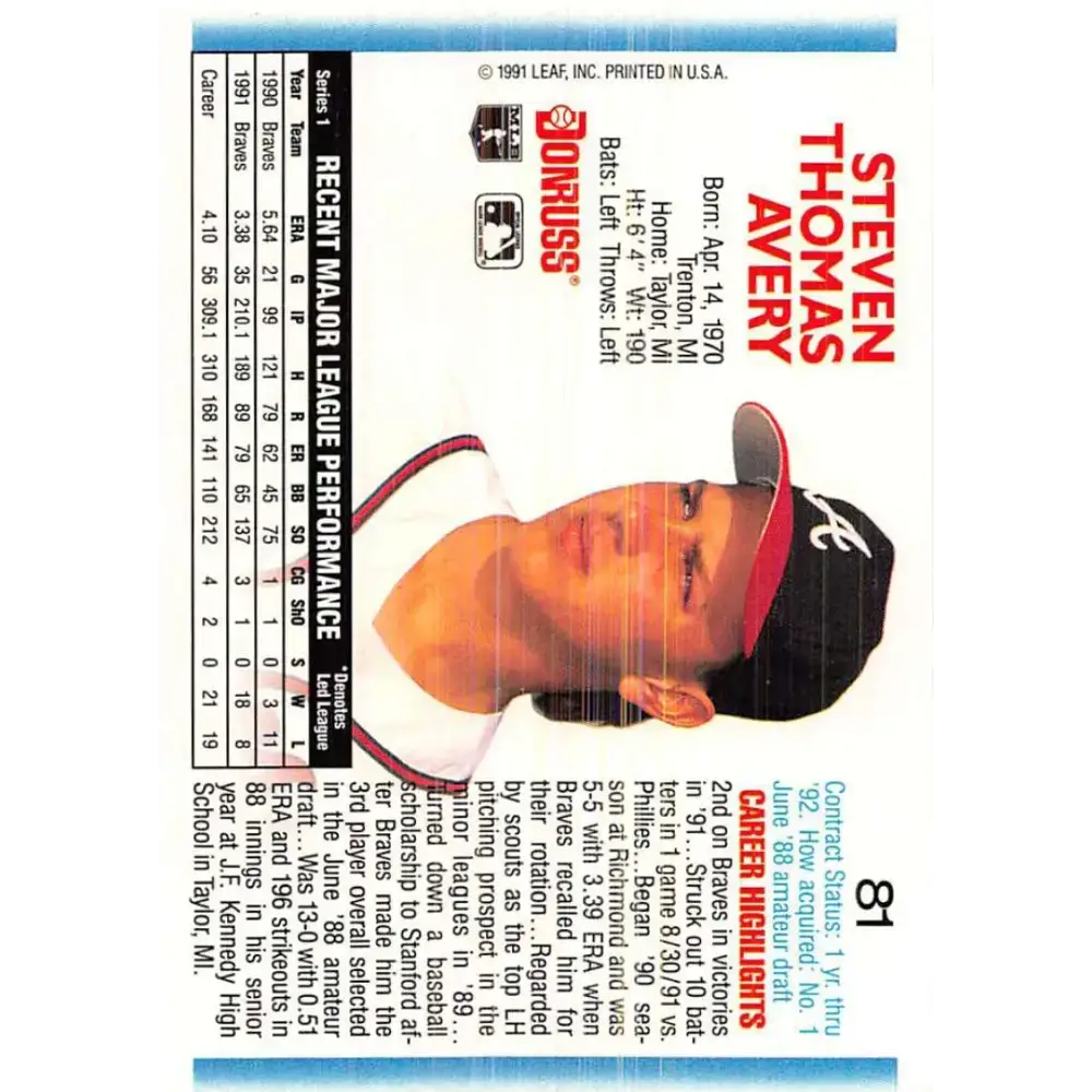 1992 Donruss #81 Steve Avery NM-MT Atlanta Braves Baseball Card - Baseball Card Single