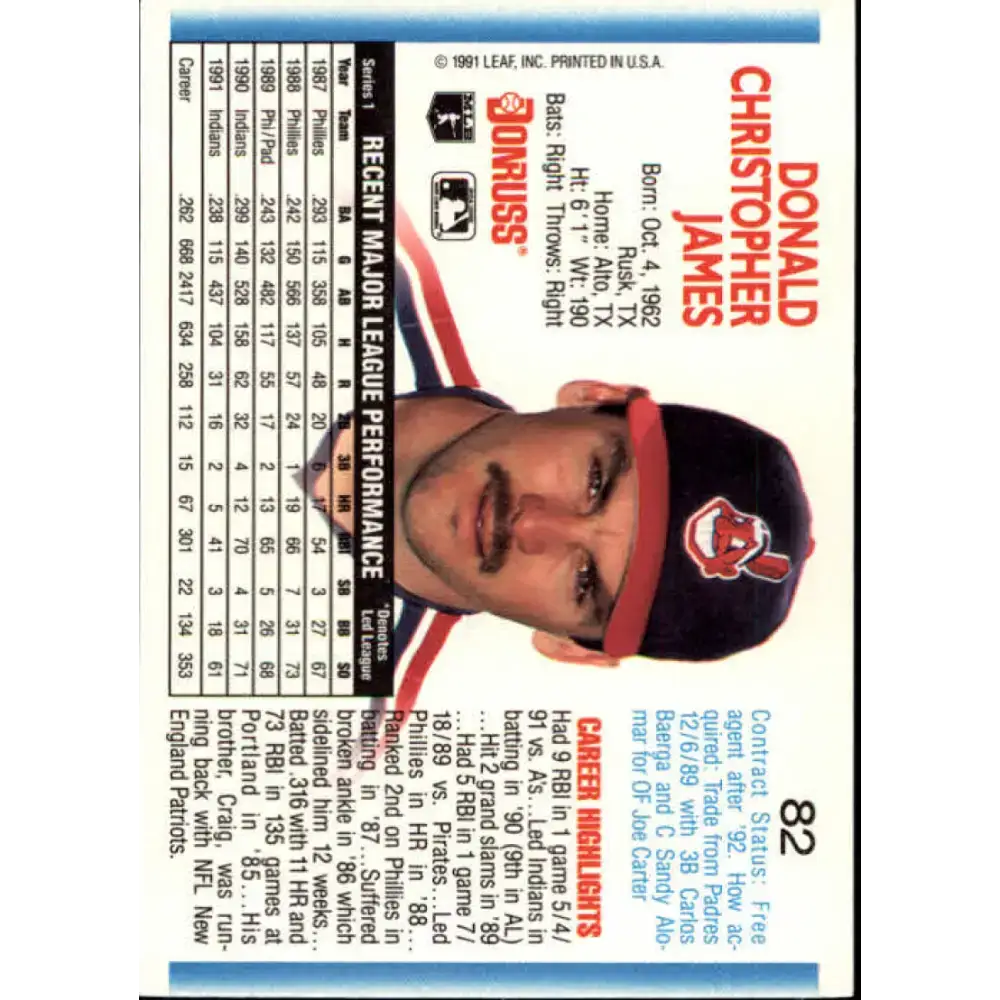 1992 Donruss #82 Chris James NM-MT Cleveland Indians Baseball Card - Baseball Card Single