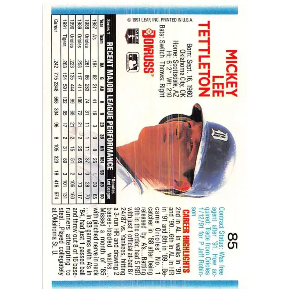1992 Donruss #85 Mickey Tettleton NM-MT Detroit Tigers Baseball Card - Baseball Card Single