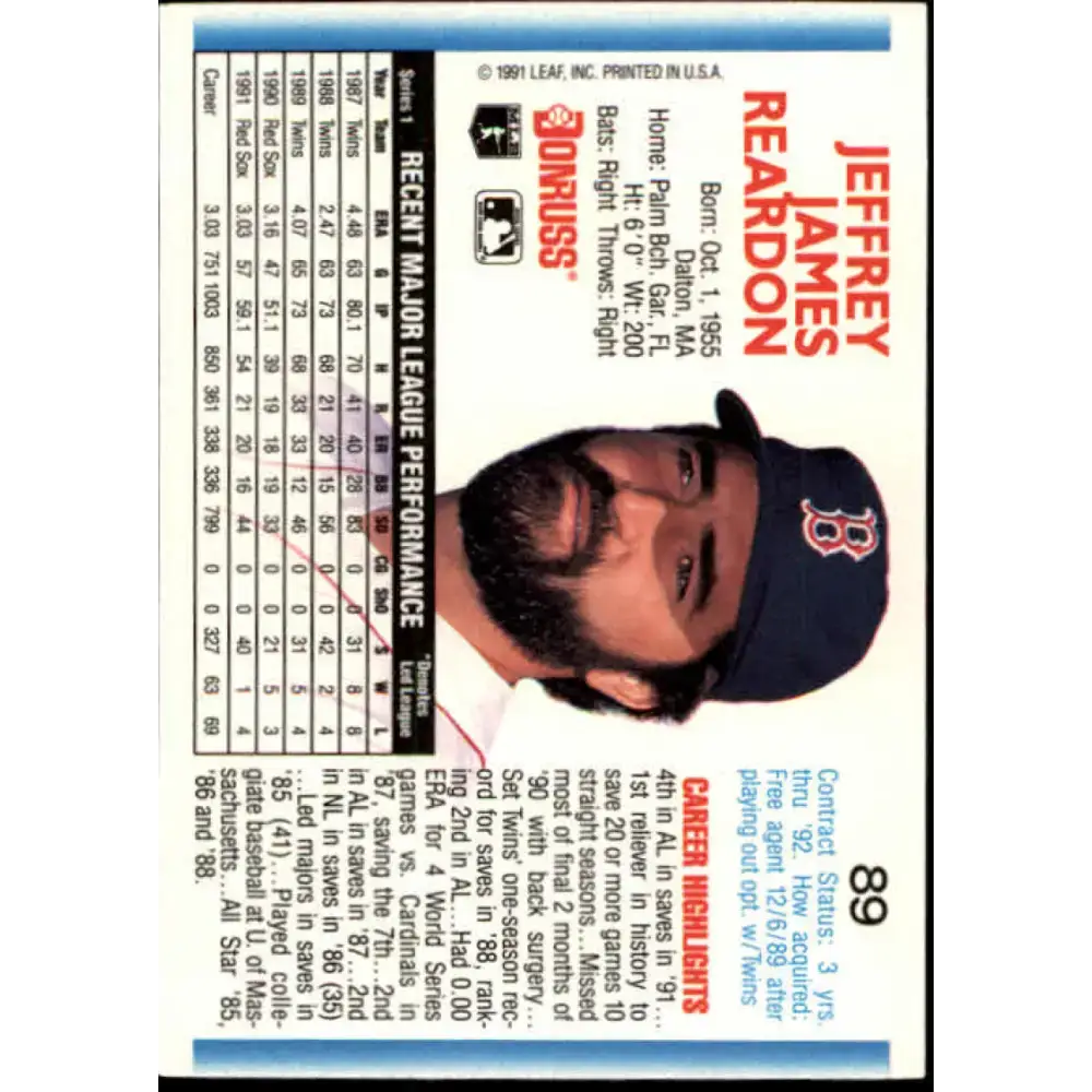 1992 Donruss #89 Jeff Reardon NM-MT Boston Red Sox Baseball Card - Baseball Card Single