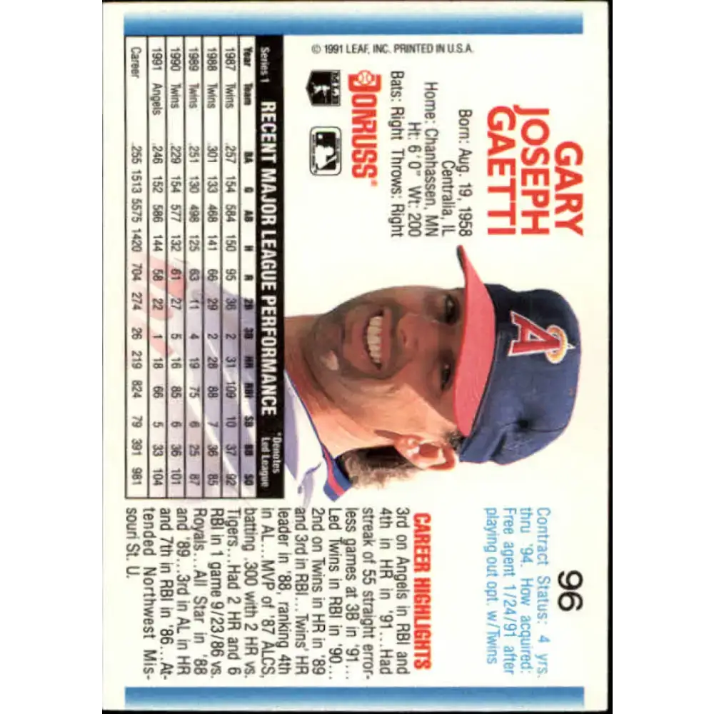 1992 Donruss #96 Gary Gaetti NM-MT California Angels Baseball Card - Baseball Card Single