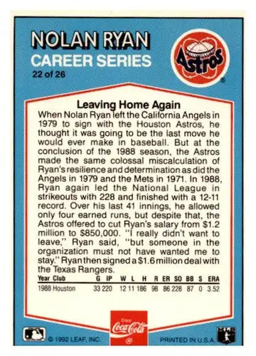 Nolan Ryan Houston baseball card from 1992 Donruss Coca-Cola set featuring Ryan Houston Astros
