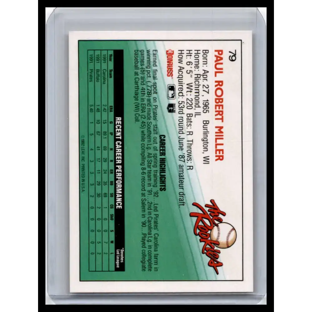 1992 Donruss The Rookies #79 Paul Miller NM-MT Pittsburgh Pirates Baseball Card - Baseball Card Single