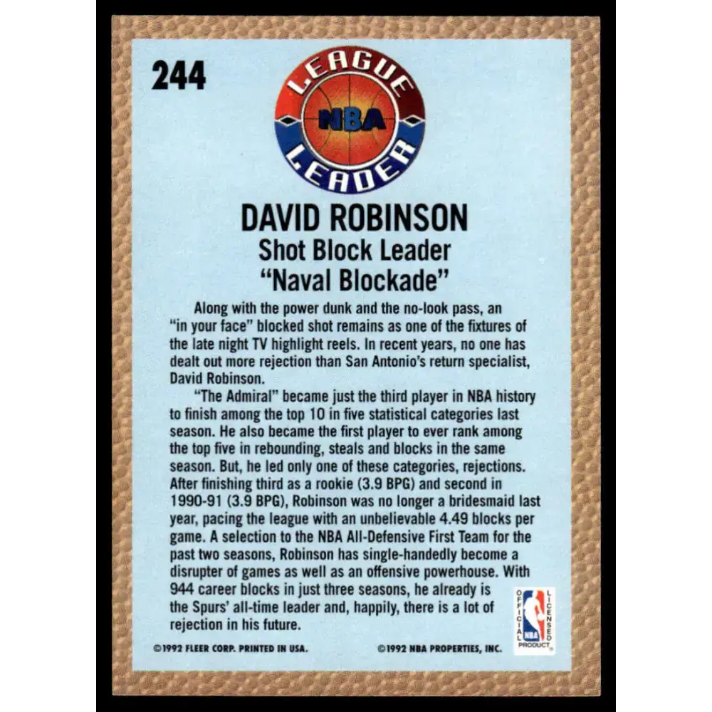 1992 Fleer #244 David Robinson NM/MT San Antonio Spurs Basketball Card - Basketball Card Single