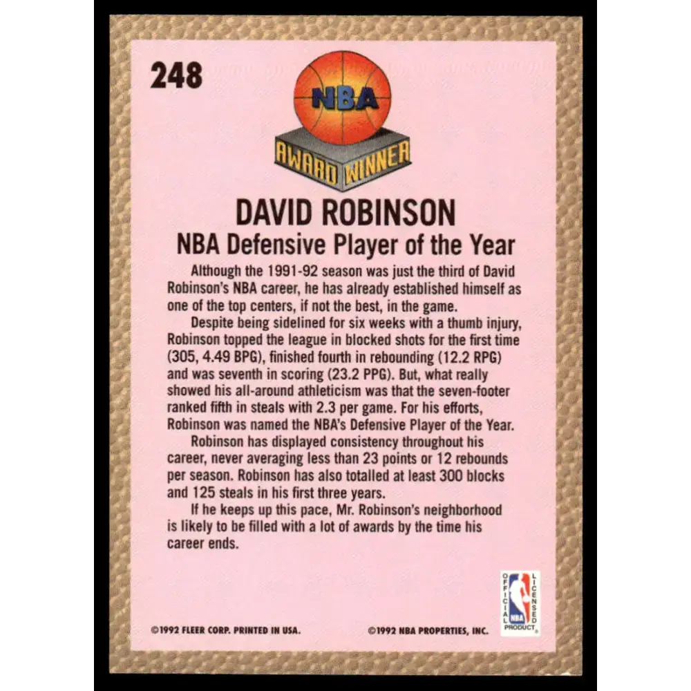 1992 Fleer #248 David Robinson NM/MT San Antonio Spurs Basketball Card - Basketball Card Single