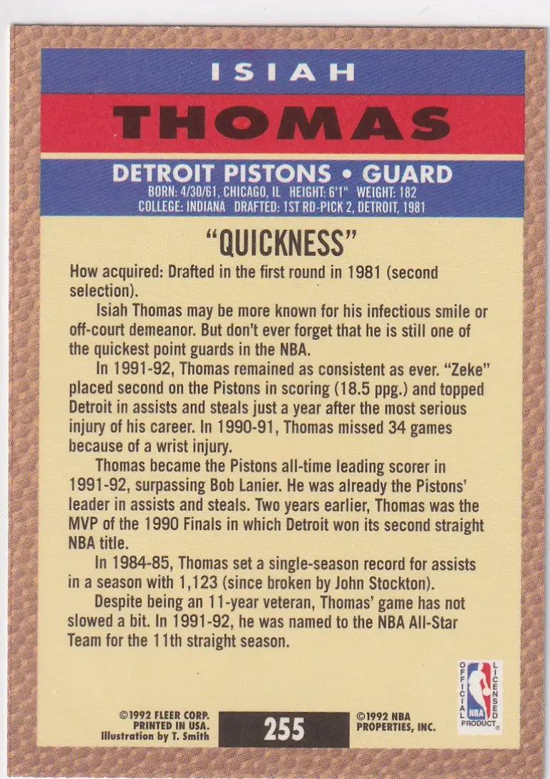 1992 FLEER #255 ISIAH THOMAS QUICKNESS- DETROIT PISTONS - Basketball Card Single