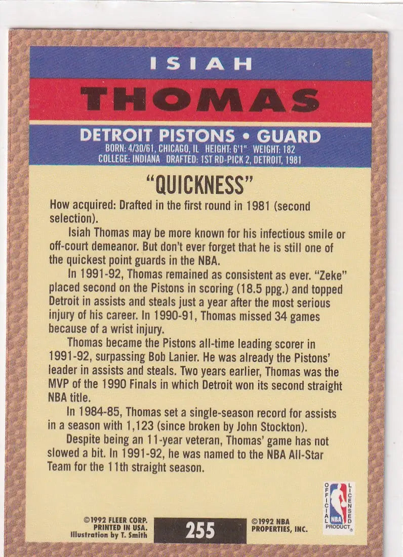 1992 FLEER #255 ISIAH THOMAS QUICKNESS- DETROIT PISTONS - Basketball Card Single