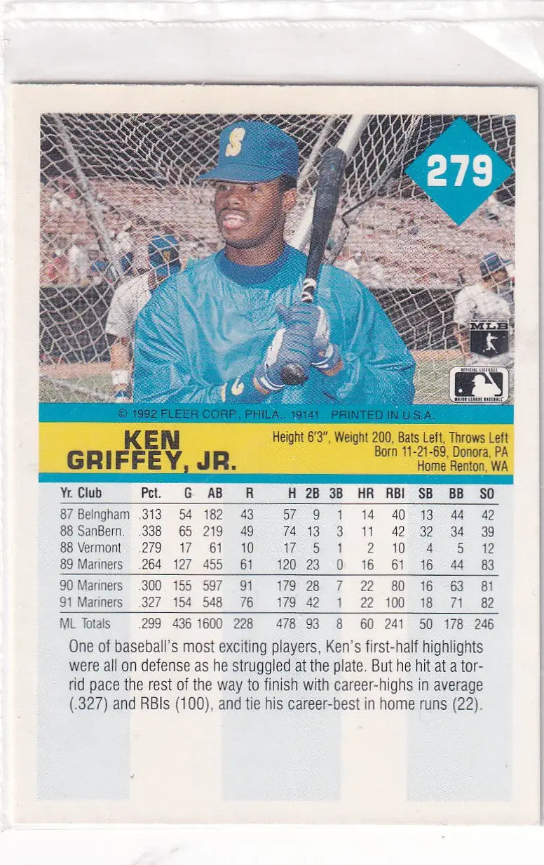 1992 FLEER #279 KEN GRIFFEEY JR- SEATTLE MARINERS - Baseball Card Single