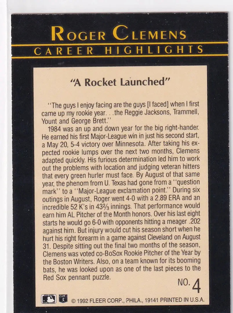 1992 FLEER #4 ROGER CLEMENS CAREER HIGHLIGHTS- BOSTON RED SOX - Baseball Card Single