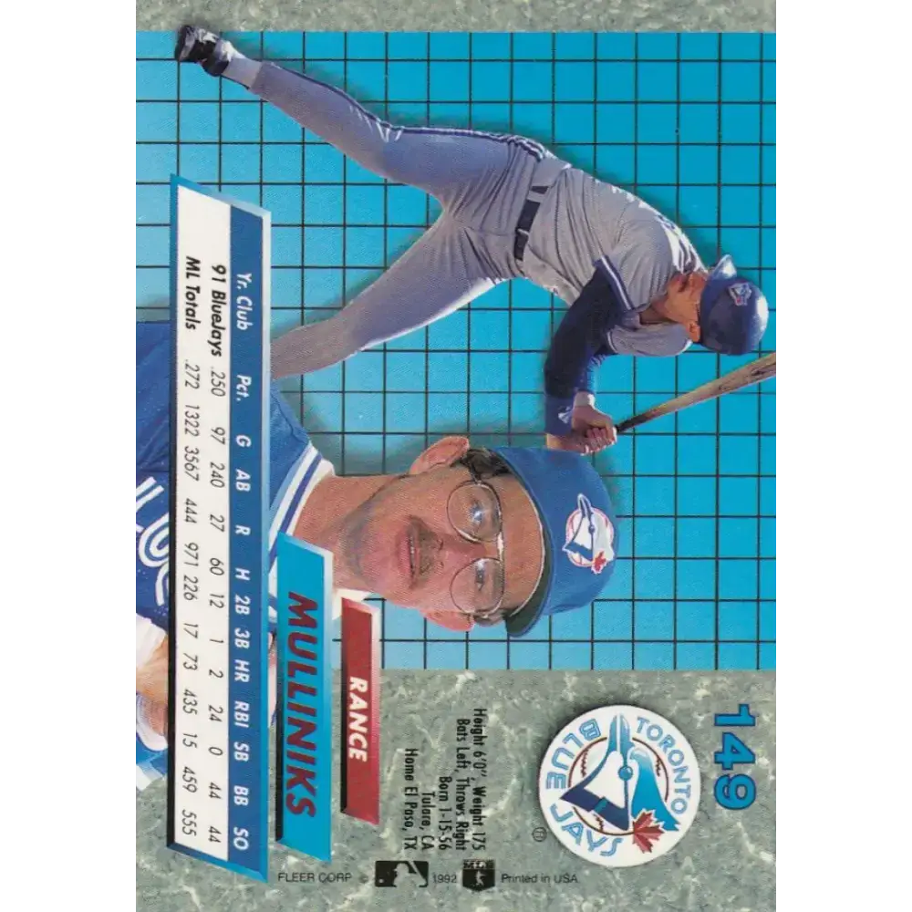 1992 Fleer Ultra #149 Rance Mulliniks NM-MT Toronto Blue Jays Baseball Card - Baseball Card Single