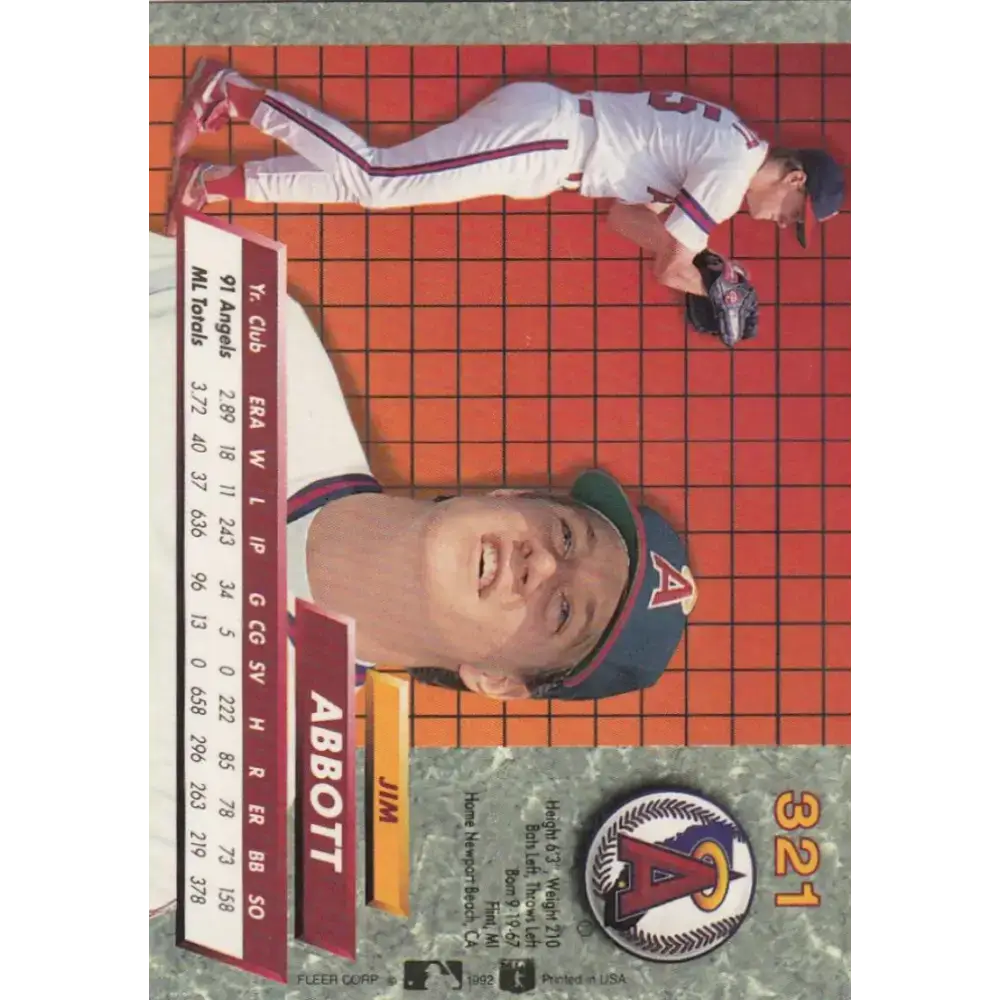 1992 Fleer Ultra #321 Jim Abbott NM-MT California Angels Baseball Card - Baseball Card Single