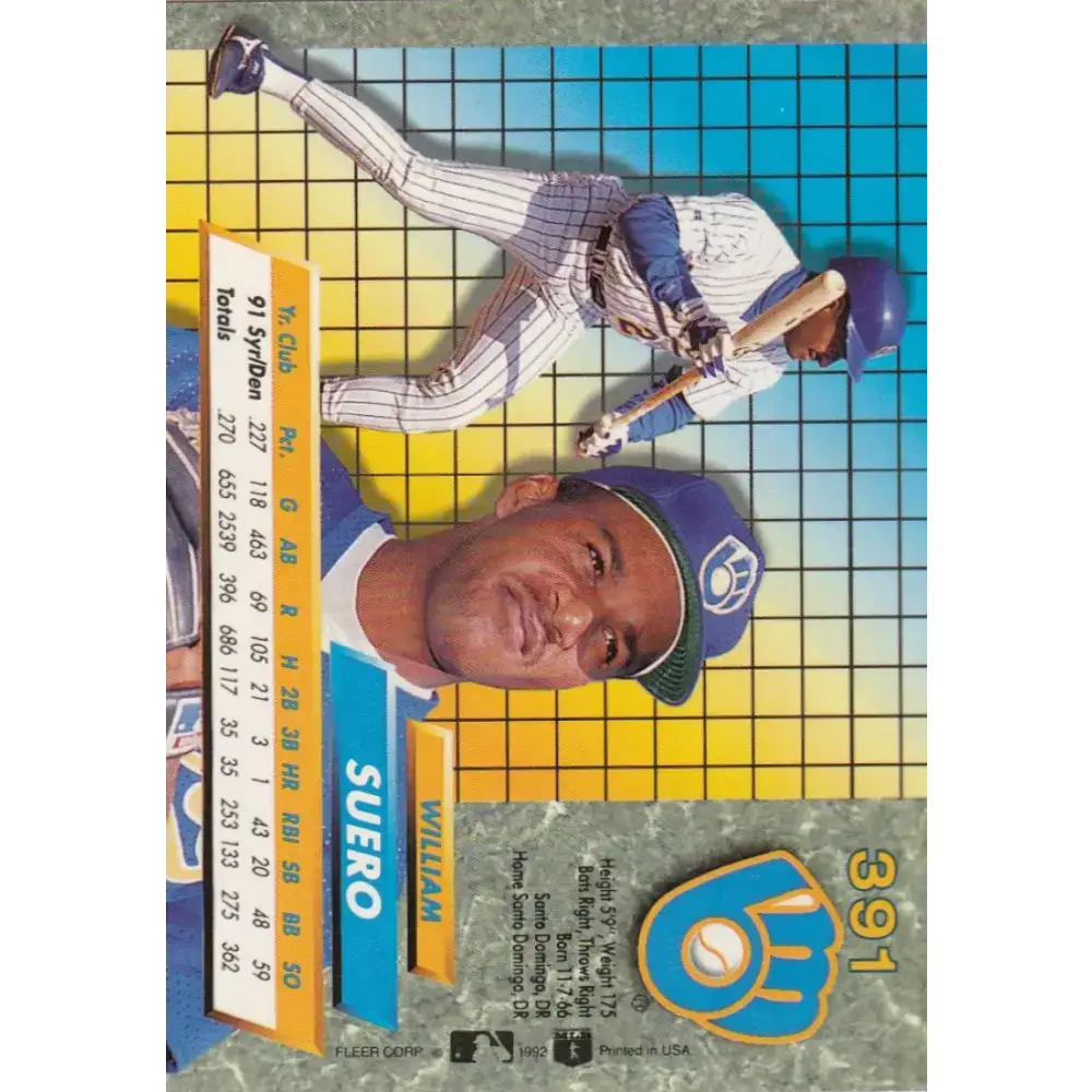 1992 Fleer Ultra #391 William Suero NM-MT Milwaukee Brewers Baseball Card - Baseball Card Single