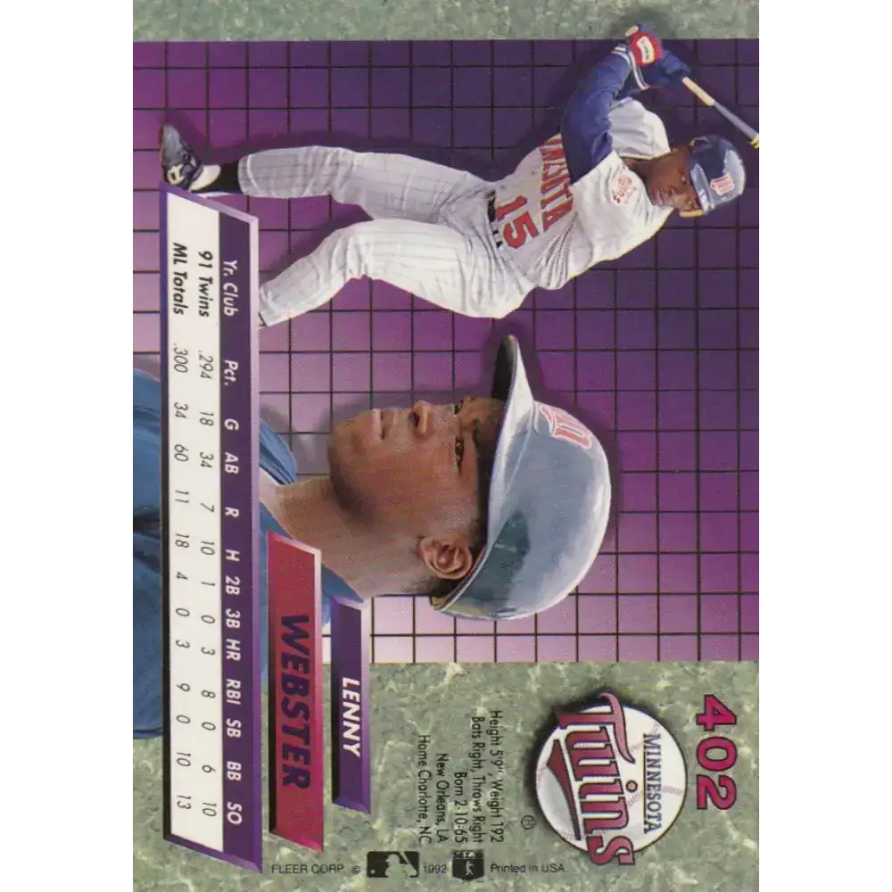 1992 Fleer Ultra #402 Lenny Webster NM-MT Minnesota Twins Baseball Card - Baseball Card Single