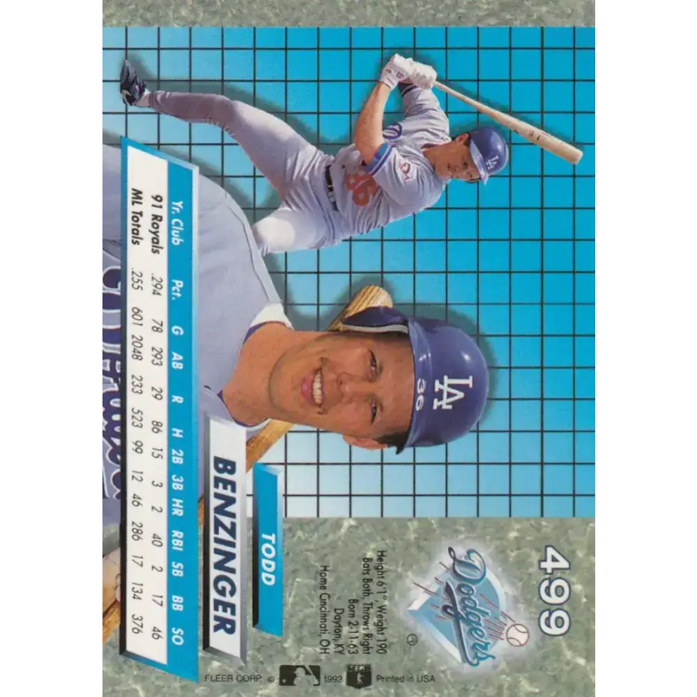 1992 Fleer Ultra #499 Todd Benzinger NM-MT Los Angeles Dodgers Baseball Card - Baseball Card Single