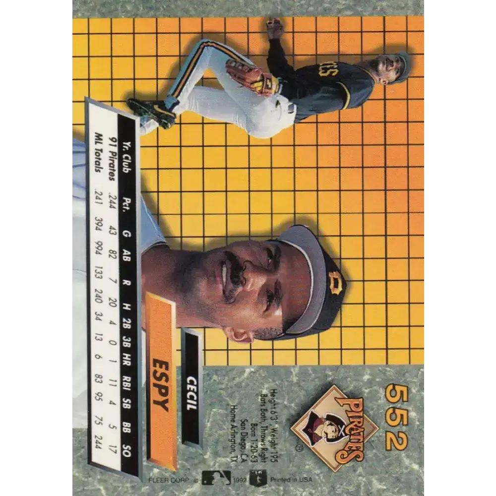 1992 Fleer Ultra #552 Cecil Espy NM-MT Pittsburgh Pirates Baseball Card - Baseball Card Single