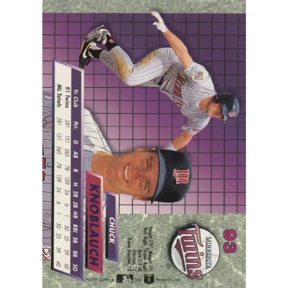 1992 Fleer Ultra #93 Chuck Knoblauch NM-MT Minnesota Twins Baseball Card - Baseball Card Single