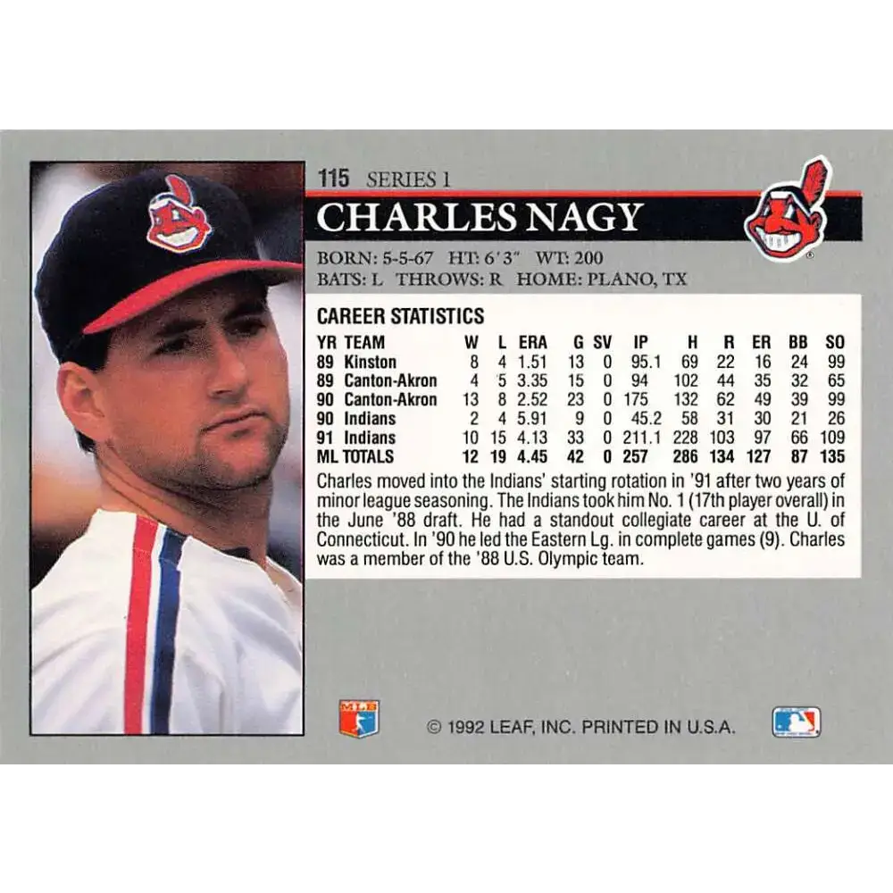 1992 Leaf #115 Charles Nagy NM-MT Cleveland Indians Baseball Card - Baseball Card Single