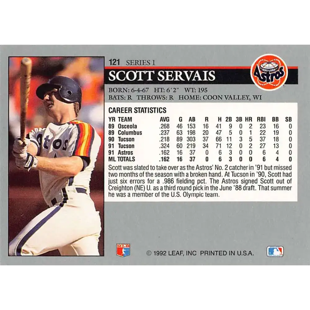 1992 Leaf #121 Scott Servais NM-MT Houston Astros Baseball Card - Baseball Card Single