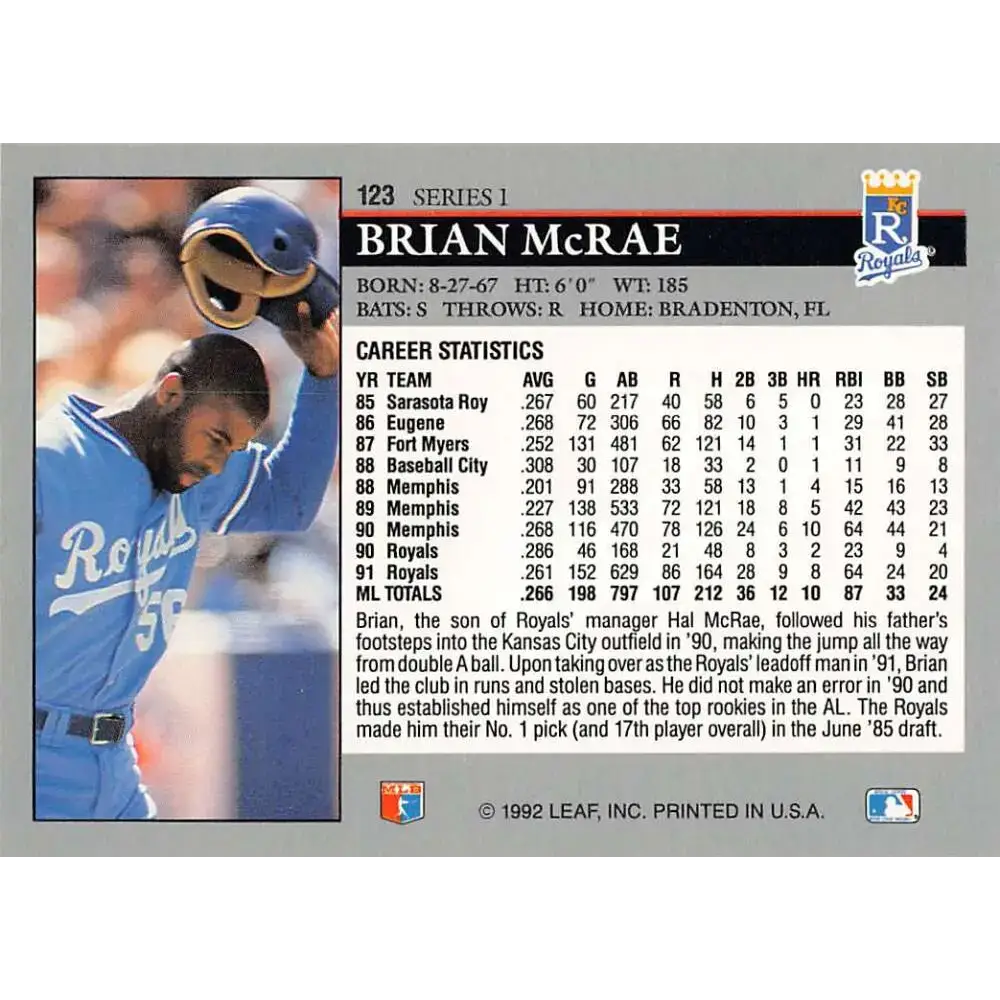 1992 Leaf #123 Brian McRae NM-MT Kansas City Royals Baseball Card - Baseball Card Single