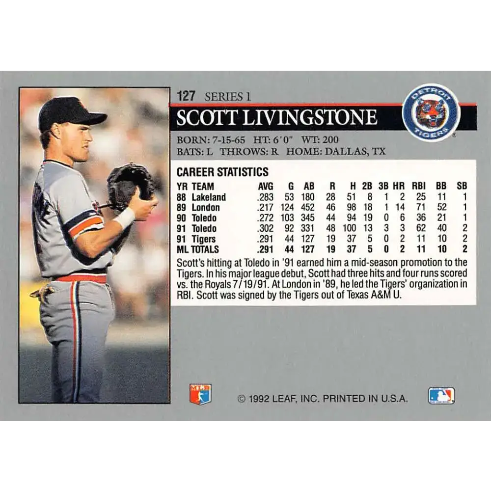 1992 Leaf #127 Scott Livingstone NM-MT Detroit Tigers Baseball Card - Baseball Card Single