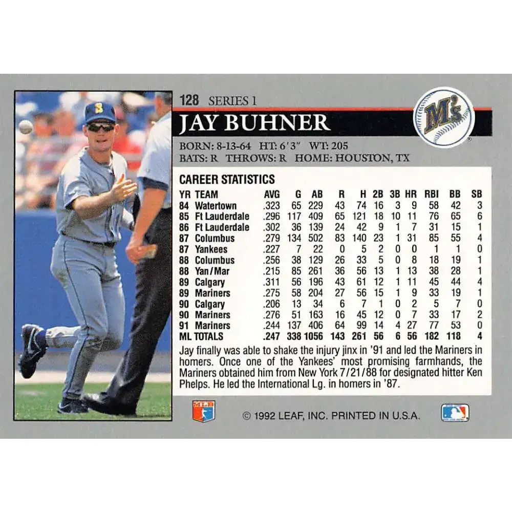1992 Leaf #128 Jay Buhner NM-MT Seattle Mariners Baseball Card - Baseball Card Single