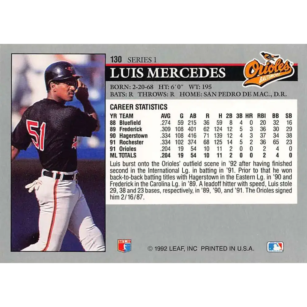 1992 Leaf #130 Luis Mercedes NM-MT Baltimore Orioles Baseball Card - Baseball Card Single