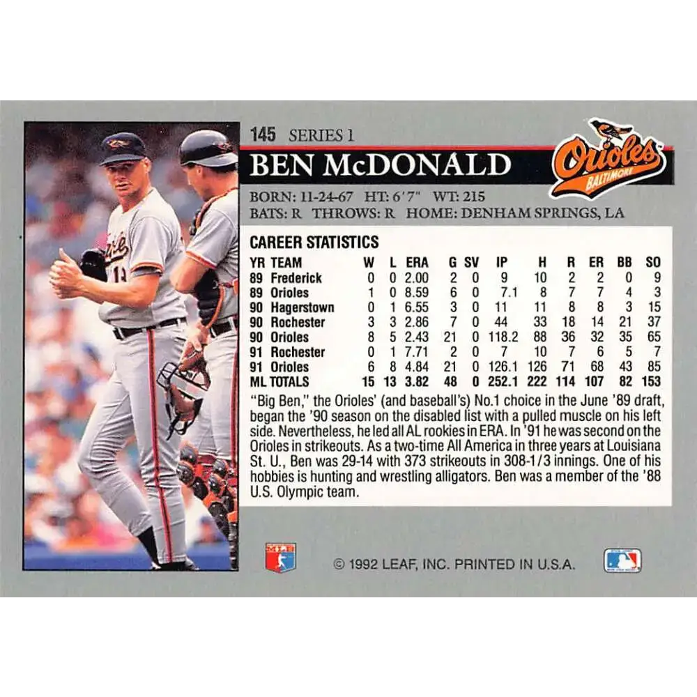 1992 Leaf #145 Ben McDonald NM-MT Baltimore Orioles Baseball Card - Baseball Card Single