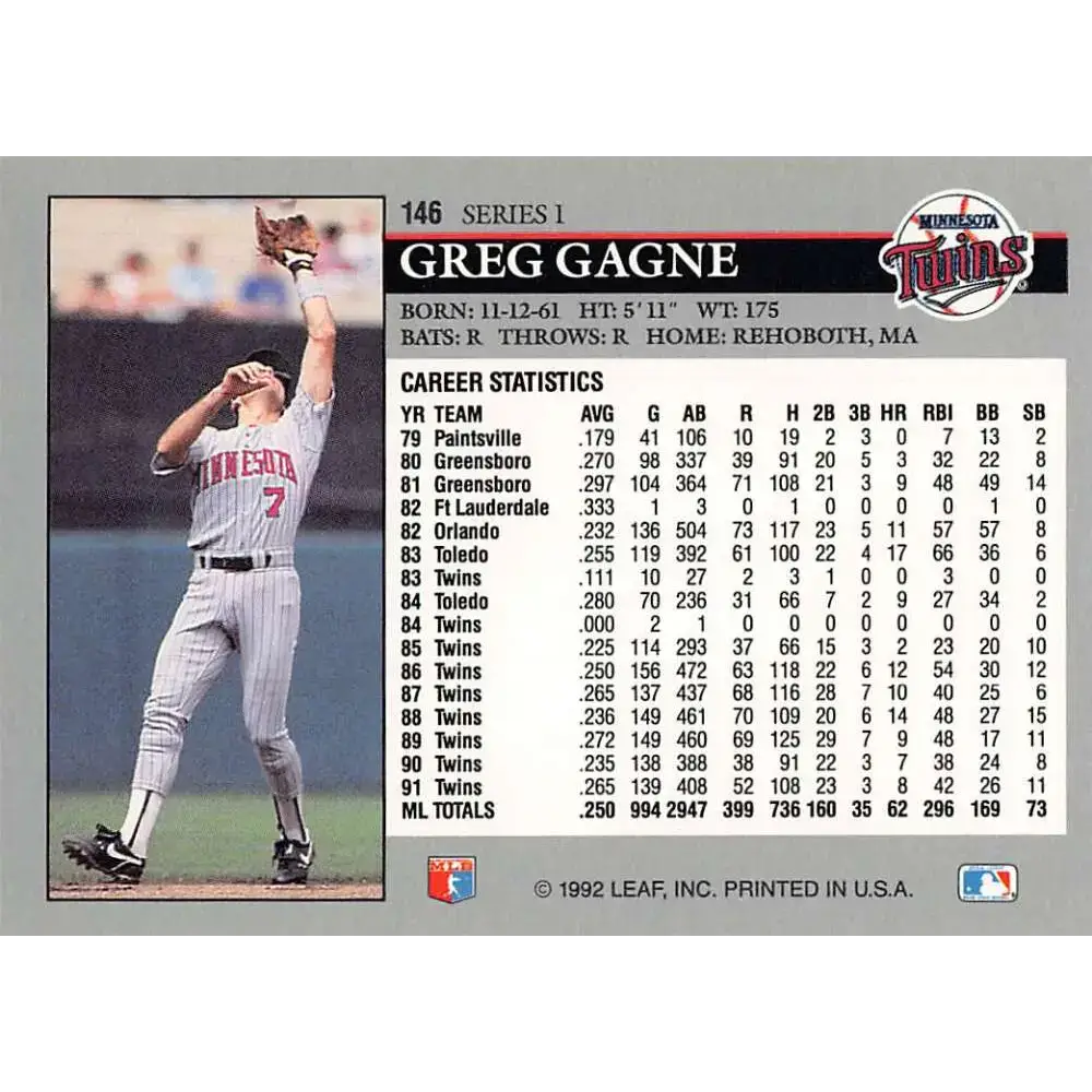 1992 Leaf #146 Greg Gagne NM-MT Minnesota Twins Baseball Card - Baseball Card Single