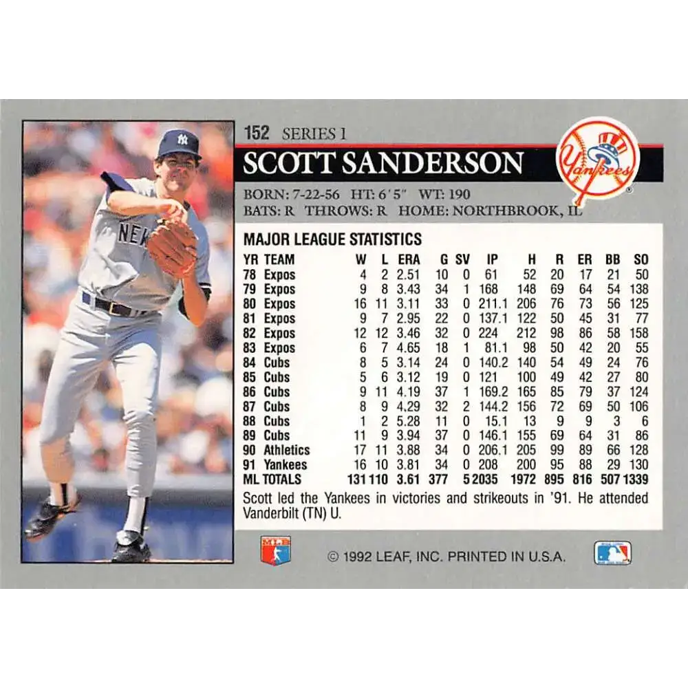 1992 Leaf #152 Scott Sanderson NM-MT New York Yankees Baseball Card - Baseball Card Single