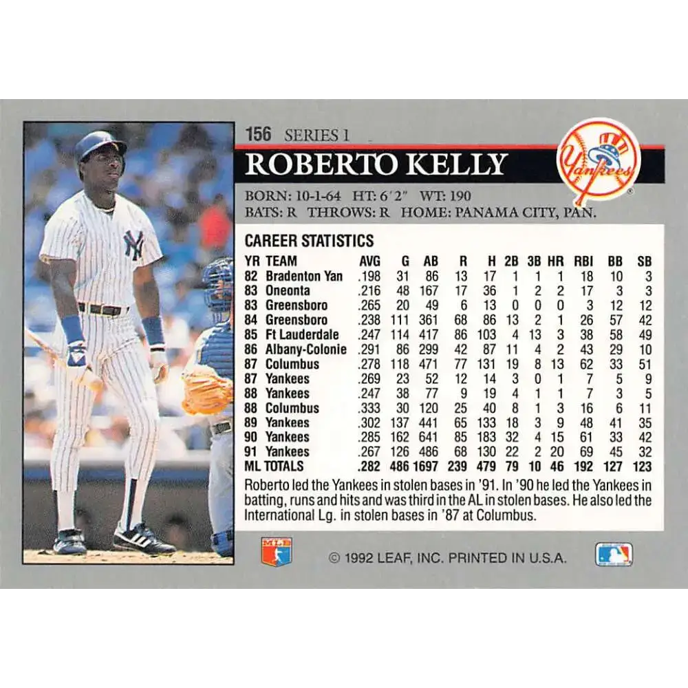 1992 Leaf #156 Roberto Kelly NM-MT New York Yankees Baseball Card - Baseball Card Single