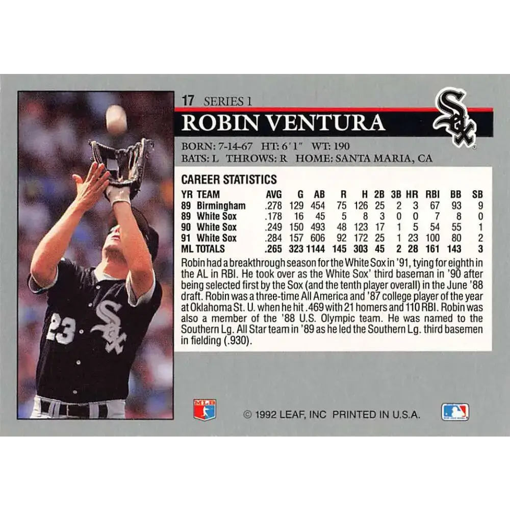 1992 Leaf #17 Robin Ventura NM-MT Chicago White Sox Baseball Card - Baseball Card Single