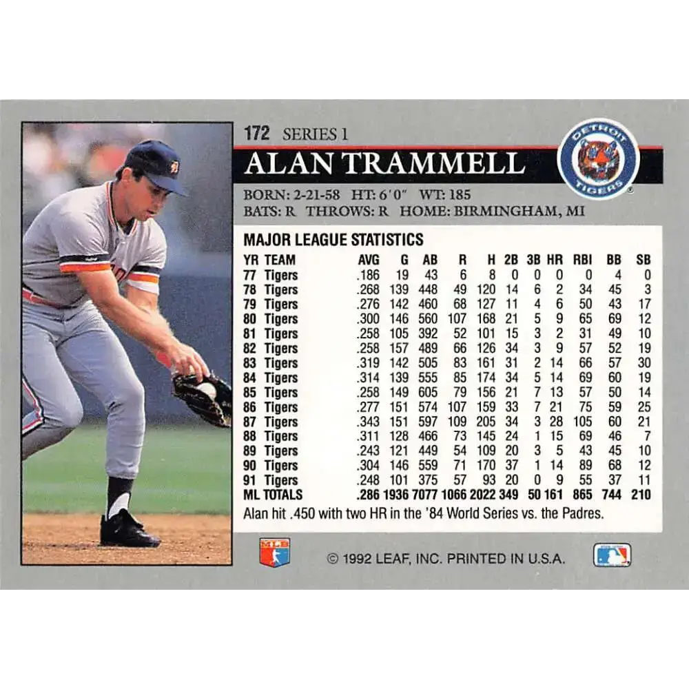 1992 Leaf #172 Alan Trammell NM-MT Detroit Tigers Baseball Card - Baseball Card Single